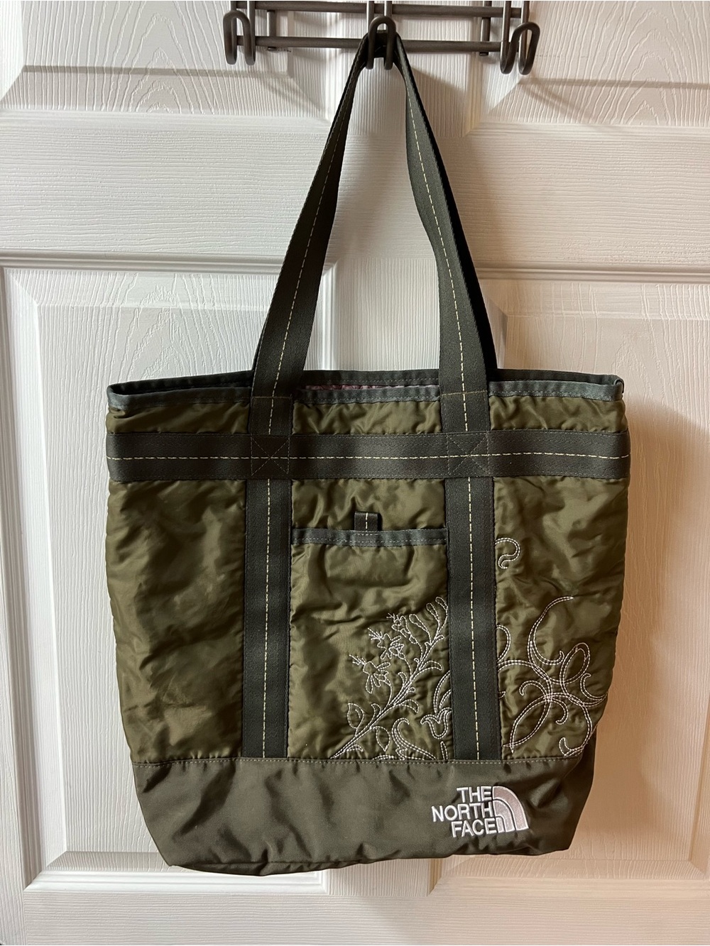 The North Face Olive Green Floral Embroidered Tote Bag
